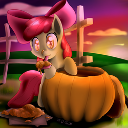 Size: 1000x1000 | Tagged: safe, artist:m_d_quill, apple bloom, g4, female, palindrome get, pumpkin, solo