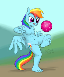 Size: 500x600 | Tagged: safe, artist:drjavi, rainbow dash, anthro, plantigrade anthro, g4, ball, barbie doll anatomy, barefoot, breasts, featureless breasts, feet, female, no hooves, nudity, soles, solo, toes