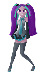 Size: 1110x1920 | Tagged: dead source, safe, artist:cylosis, aria blaze, equestria girls, g4, my little pony equestria girls: rainbow rocks, ariatsune miku, clothes, cosplay, crossover, female, hatsune miku, simple background, socks, solo, thigh highs, vocaloid, white background