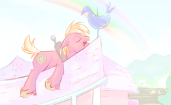 Size: 1280x791 | Tagged: dead source, safe, artist:gsphere, big macintosh, earth pony, pony, g4, cute, eyes closed, macabetes, male, open mouth, rainbow, roof, rooftop, sleeping, sleeping macintosh daily, solo, stallion, tumblr