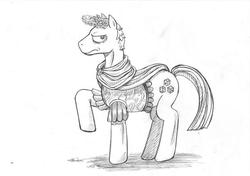 Size: 600x422 | Tagged: safe, artist:bukkoro dai maou, earth pony, pony, gaius julius caesar, grayscale, laurel wreath, male, monochrome, ponified, raised hoof, simple background, solo, stallion, white background