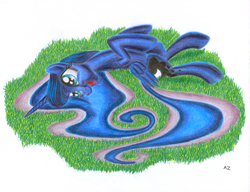 Size: 3291x2534 | Tagged: safe, artist:uminanimu, princess luna, g4, :d, bellyrubs, colored, female, high res, on back, smiling, solo, traditional art