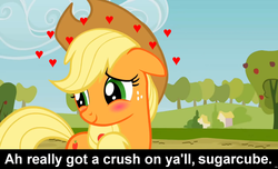 Size: 1600x973 | Tagged: safe, edit, edited screencap, screencap, applejack, earth pony, pony, g4, blushing, bronybait, caption, cowboy hat, cs captions, female, floppy ears, freckles, hat, heart, looking away, love, mare, shy, solo