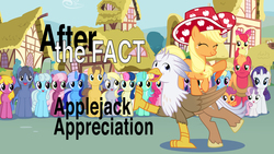 Size: 2667x1500 | Tagged: safe, artist:mlp-silver-quill, apple bloom, applejack, big macintosh, bon bon, caramel, cheerilee, cherry berry, derpy hooves, fluttershy, linky, lyra heartstrings, minuette, pinkie pie, rainbow dash, rarity, scootaloo, shoeshine, sweetie belle, sweetie drops, twilight sparkle, oc, oc:clutterstep, oc:silver quill, classical hippogriff, hippogriff, pony, after the fact, g4, apple hat, cutie mark crusaders, dancing, eyes closed, hat, mane six, parade, scrunchy face, title card, who's a silly pony
