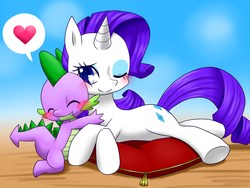 Size: 1000x750 | Tagged: safe, artist:hashioaryut, rarity, spike, dragon, pony, unicorn, g4, age difference, cushion, cute, duo, duo male and female, female, heart, hug, male, mare, pixiv, raribetes, ship:sparity, shipping, snuggling, spikabetes, spikelove, squishy cheeks, straight, wingless spike