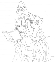Size: 1960x2208 | Tagged: safe, artist:avispaneitor, spike, twilight sparkle, g4, crossover, general grievous, group, lined paper, monochrome, sketch, star wars, traditional art