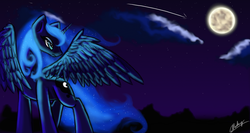 Size: 1366x728 | Tagged: safe, artist:xxmarkingxx, princess luna, g4, female, looking back, moon, night, shooting star, solo, spread wings, stars