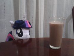 Size: 960x720 | Tagged: safe, artist:wollyshop, twilight sparkle, g4, chocolate milk, impending doom, irl, meme, milk, photo, plushie, pure unfiltered evil, soon, spill, spilled milk, this will end in tears