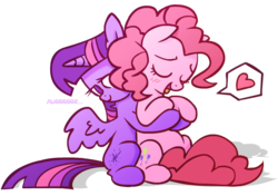 Size: 620x437 | Tagged: artist needed, source needed, safe, pinkie pie, twilight sparkle, alicorn, pony, g4, blushing, cuddling, female, heart, holding, hug, lesbian, mare, purring, ship:twinkie, shipping, snuggling, twilight sparkle (alicorn)