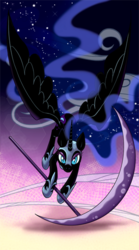 Size: 300x540 | Tagged: safe, artist:bartolomeus_, nightmare moon, g4, death, female, flying, scythe, solo, tarot card