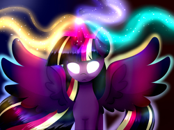 Size: 1024x768 | Tagged: safe, artist:le-poofe, twilight sparkle, alicorn, pony, g4, twilight's kingdom, female, glowing eyes, glowing horn, horn, mare, rainbow power, solo, twilight sparkle (alicorn)