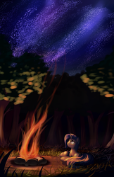 Size: 3300x5100 | Tagged: safe, artist:grennadder, trixie, pony, unicorn, g4, absurd resolution, campfire, female, forest, looking up, mare, night, prone, scenery, solo, stars