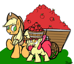 Size: 1500x1300 | Tagged: safe, artist:ramott, apple bloom, applejack, earth pony, pony, g4, apple, bucket, raised hoof, smiling