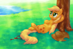 Size: 1500x1000 | Tagged: safe, artist:verulence, applejack, g4, female, hat off, lake, loose hair, sitting, solo, straw, straw in mouth, tree, under the tree