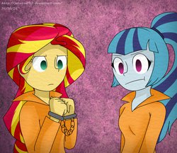 Size: 961x832 | Tagged: safe, artist:jayivee, sonata dusk, sunset shimmer, equestria girls, g4, clothes, cuffs, duo, prison outfit, prisoner