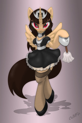 Size: 1667x2500 | Tagged: safe, artist:miniferu, oc, oc only, oc:harumi, oc:spring beauty, alicorn, pony, alicorn oc, bipedal, blushing, clothes, female, fishnet clothing, fishnet stockings, garter belt, maid, mare, solo, stockings, thigh highs