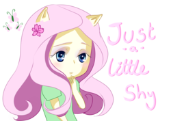 Size: 1024x724 | Tagged: safe, artist:heira-mcdeirdre, fluttershy, human, g4, chibi, clothes, eared humanization, female, flower, flower in hair, humanized, pony coloring, shirt, solo, t-shirt