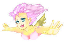 Size: 1024x724 | Tagged: safe, artist:heira-mcdeirdre, fluttershy, human, equestria girls, g4, anime style, breasts, busty fluttershy, clothes, female, flying, humanized, pony coloring, solo, tank top, windswept mane, winged humanization