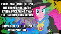 Size: 1280x720 | Tagged: safe, pinkie pie, earth pony, pony, g4, candy, clothes, female, image macro, implied death, mare, meme, pun, rapper pie