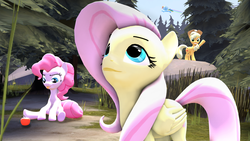 Size: 3400x1912 | Tagged: safe, artist:flare-chaser, applejack, fluttershy, pinkie pie, rainbow dash, g4, 3d, apple, nature, outdoors, source filmmaker, tree