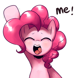 Size: 2000x2000 | Tagged: safe, artist:maren, pinkie pie, pony, g4, armpits, bipedal, cute, diapinkes, eyes closed, female, fourth wall, high res, hungry, licking lips, open mouth, raised hoof, solo, tongue out