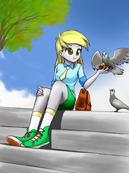 Size: 1280x1712 | Tagged: safe, artist:twilite-sparkleplz, derpy hooves, pigeon, equestria girls, g4, beautiful, clothes, cute, female, muffin, necktie, shirt, shoes, sitting, skirt, smiling, sneakers, socks, solo, tree