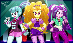 Size: 2518x1500 | Tagged: safe, artist:danmakuman, adagio dazzle, aria blaze, sonata dusk, human, equestria girls, g4, my little pony equestria girls: rainbow rocks, bracelet, cute, gem, microphone, siren gem, sparkles, the dazzlings