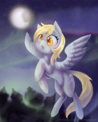 Size: 1024x1280 | Tagged: safe, artist:dreams-child, derpy hooves, pegasus, pony, g4, :o, aurora borealis, female, flying, mare, moon, open mouth, solo