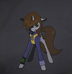 Size: 900x920 | Tagged: safe, artist:enma-darei, oc, oc only, oc:littlepip, pony, unicorn, fallout equestria, clothes, fanfic, fanfic art, female, hooves, horn, jumpsuit, mare, pipbuck, simple background, solo, vault suit