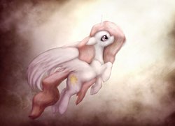 Size: 1051x759 | Tagged: safe, artist:anemonepetal, princess celestia, alicorn, pony, g4, female, floppy ears, flying, pink-mane celestia, solo, younger