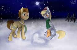 Size: 1024x659 | Tagged: safe, artist:rflzqt, derpy hooves, doctor whooves, time turner, pegasus, pony, g4, clothes, female, male, mare, moon, night, scarf, ship:doctorderpy, shipping, sitting, smiling, snow, snowfall, snowflake, socks, straight