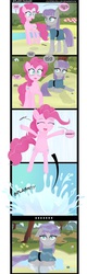 Size: 1300x4075 | Tagged: safe, artist:coltsteelstallion, boulder (g4), maud pie, pinkie pie, smarty pants, tom, g4, comic, creeper, lake, minecraft, picnic basket, picnic blanket, pronking, tower of pimps, water, wet mane