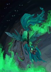 Size: 842x1191 | Tagged: safe, artist:chirpy-chi, queen chrysalis, changeling, changeling queen, g4, angry, crown, fangs, female, jewelry, magic, open mouth, regalia, solo