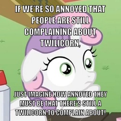 Size: 500x500 | Tagged: safe, sweetie belle, g4, alicorn drama, drama, exploitable meme, image macro, meme, op is a duck, op is trying to start shit, sudden clarity sweetie belle