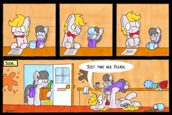 Size: 2710x1826 | Tagged: safe, artist:bobthedalek, octavia melody, oc, oc:mixed melody, oc:octavia's father, oc:octavia's mother, oc:ostinato melody, earth pony, pony, g4, clothes, coffee, dress, exhausted, father and daughter, female, filly, filly octavia, groceries, hyperactive, hypertavia, male, mug, rose, splatter, vase, xk-class end-of-the-world scenario, younger