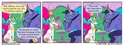 Size: 950x347 | Tagged: safe, artist:gx, artist:tofutiles, iron will, princess celestia, alicorn, minotaur, pony, g4, bovestrian revolution, comic, female, horsepower, levitation, magic, male, mare, revolution, sitting, telekinesis