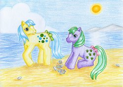 Size: 1024x724 | Tagged: safe, artist:normaleeinsane, bubbles (g1), seashell (g1), earth pony, pony, g1, adorashell, beach, bubblebetes, coat markings, cute, duo, facial markings, female, mare, sitting, star (coat marking), traditional art