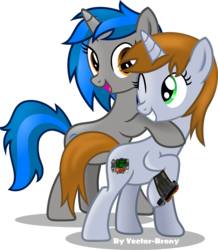 Size: 3196x3665 | Tagged: safe, artist:vector-brony, oc, oc only, oc:homage, oc:littlepip, pony, unicorn, fallout equestria, cutie mark, fanfic, fanfic art, female, grin, high res, horn, hug, mare, oc x oc, one eye closed, open mouth, pipbuck, ship:pipmage, shipping, show accurate, simple background, smiling, transparent background