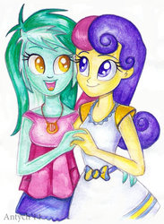 Size: 600x820 | Tagged: safe, artist:antych, bon bon, lyra heartstrings, sweetie drops, equestria girls, g4, colored pupils, female, holding hands, lesbian, ship:lyrabon, shipping, smiling, traditional art