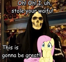 Size: 367x345 | Tagged: safe, fluttershy, pegasus, pony, g4, 2spooky, blatant lies, comic sans, exploitable meme, female, irate gamer, mare, meme, photoshop, ronnie the skeleton, skeleton, stereotype, waifu, waifu thief