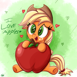 Size: 800x797 | Tagged: safe, artist:daniel-sg, applejack, earth pony, pony, g4, apple, cute, female, floppy ears, freckles, heart, jackabetes, mare, open mouth, solo, that pony sure does love apples