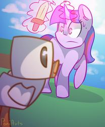 Size: 1500x1800 | Tagged: safe, artist:dippershat, twilight sparkle, chicken, pony, unicorn, g4, cloud, day, female, minecraft, solo, sun, sweatdrop, sword, unicorn twilight