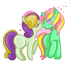 Size: 900x784 | Tagged: safe, artist:cloverminto, oc, oc only, oc:elegron, oc:greenleaves, blank flank, cute, female, heart, kissing, male, recolor, shipping, straight