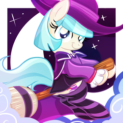 Size: 2000x2000 | Tagged: safe, artist:xwhitedreamsx, coco pommel, g4, broom, clothes, cloud, cocobetes, costume, crescent moon, cute, female, flying, flying broomstick, hat, high res, looking at you, moon, night, nightmare night costume, sitting, smiling, socks, solo, stars, striped socks, transparent moon, witch, witch hat