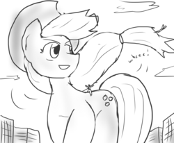 Size: 1024x843 | Tagged: safe, artist:feyzer, applejack, earth pony, pony, g4, building, city, giant pony, giantess, happy, macro, monochrome, riding