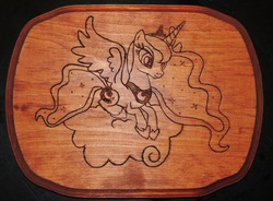 Size: 3960x2908 | Tagged: safe, artist:rekibob, princess luna, g4, cloud, craft, female, high res, pyrography, solo, traditional art