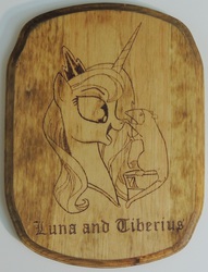 Size: 2324x3048 | Tagged: safe, artist:andy price, artist:rekibob, princess luna, tiberius, g4, boop, craft, high res, pyrography, traditional art