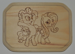 Size: 3117x2227 | Tagged: safe, artist:rekibob, fluttershy, pinkie pie, g4, craft, high res, pyrography, traditional art