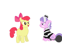 Size: 2160x1571 | Tagged: safe, artist:spellboundcanvas, apple bloom, diamond tiara, g4, ball and chain, clothes, prison outfit, prison stripes, tiarabuse