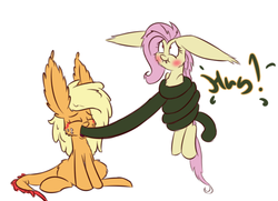 Size: 500x361 | Tagged: safe, artist:heir-of-rick, applejack, fluttershy, monster pony, original species, tatzlpony, g4, :t, eyes closed, fangs, floppy ears, fluffy, flutterbat, holding, hug, impossibly large ears, open mouth, simple background, sitting, smiling, species swap, tatzljack, tentacle tongue, tentacles, white background, wide eyes